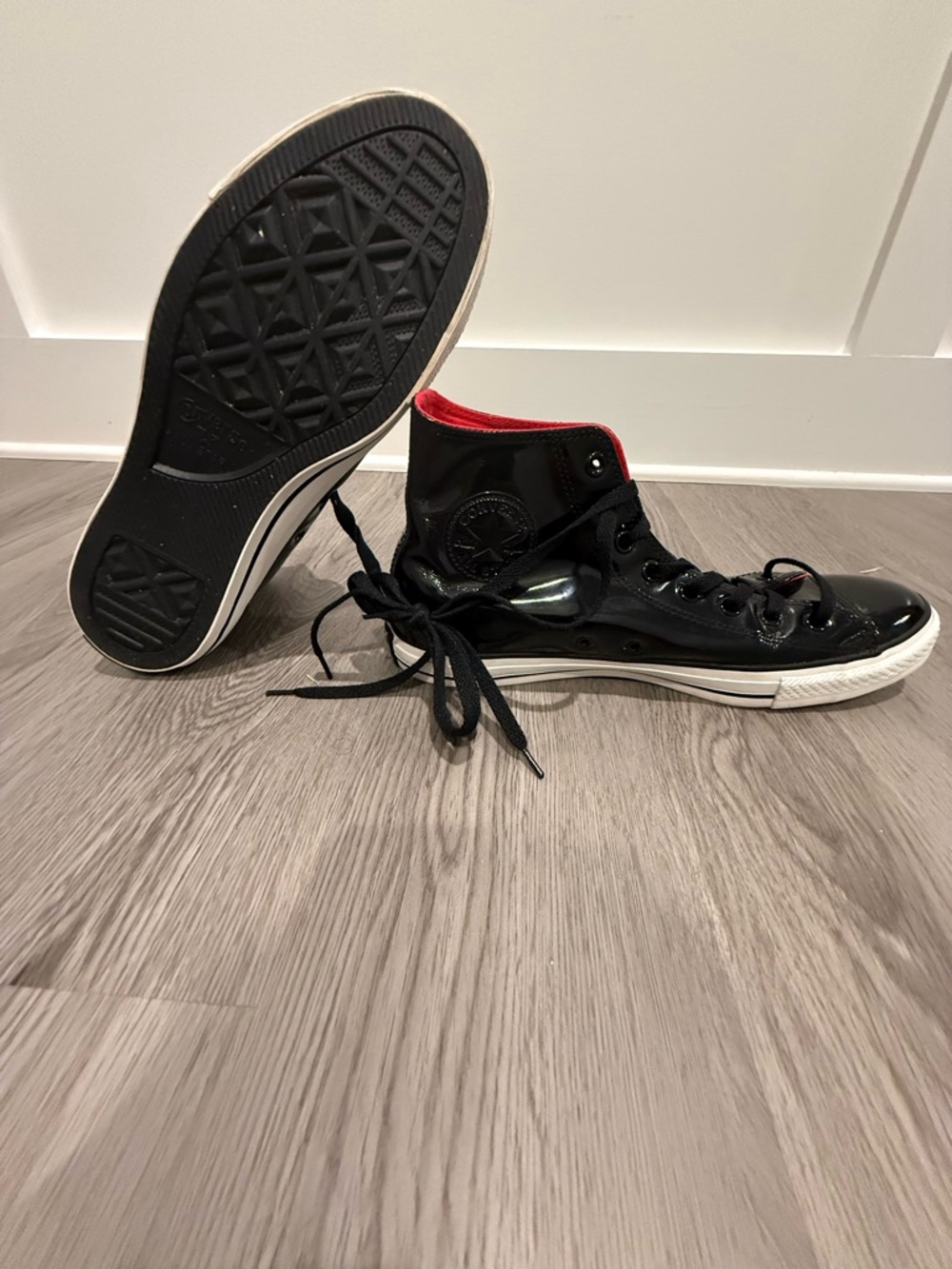 Converse Black Patent High-Top Sneakers with Red Lining size 11